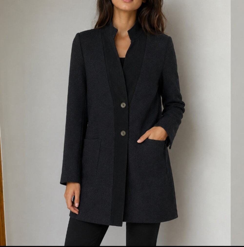Womens Eileen Fisher Lamb Leather Wool Button Cardigan Duster Black Size XL